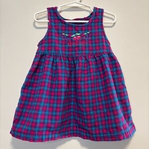 Vintage OshKosh Purple Pink Flannel Plaid Jumper Dress Embroidered Cherry 2T